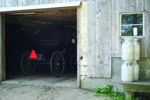Buggy in Barn with milkcans out front