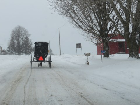 Amish buggy on a snow-covered road in Feb. 2014