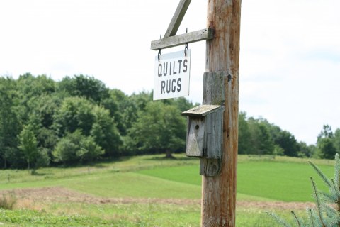 Quilts Rugs Sign and Birdhouse