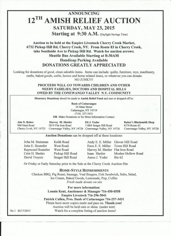 12th Amish Relief Auction on May 23,2015 at Empire Livestock Cherry Creek Market