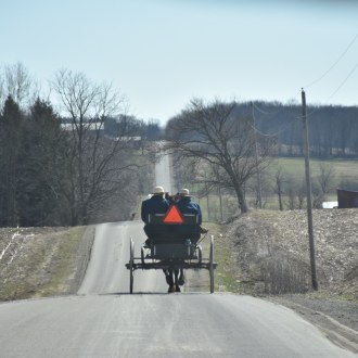 Amish buggy heading down the hilly road